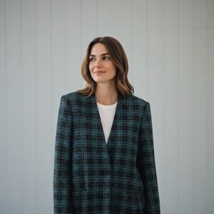 Vintage Country Suburbans Wool Tweed Blazer Womens M L Blue Plaid USA Made